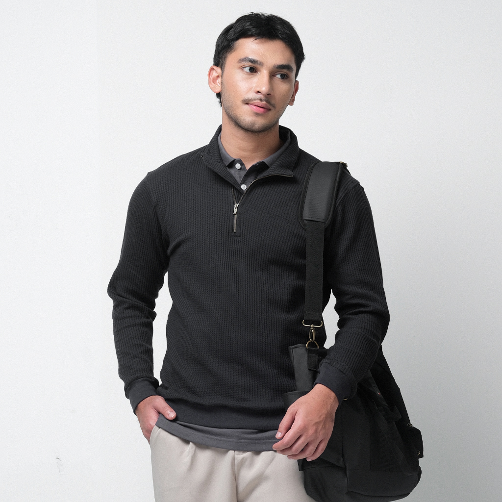 Sweater Pria Halfzip / Waffle Half zip - Spencer Black - Image 2